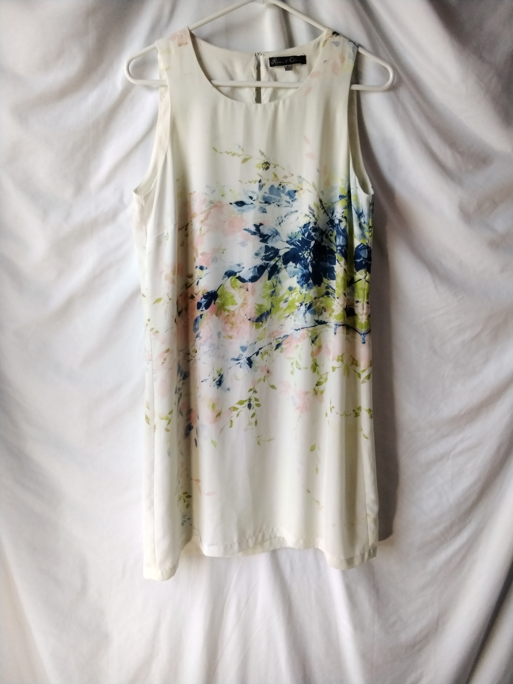 Rose & Olive White Floral Shift Dress with Blue and Pink Accents